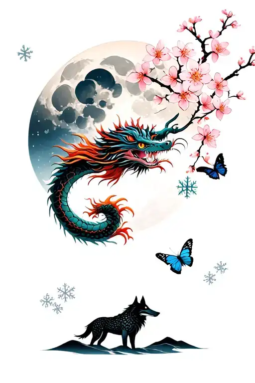 sleeve of japanese dragon, cherry blossoms, a butterfly, snowflakes, and a lone wolf, all in front of a rising full moon tattoo design idea