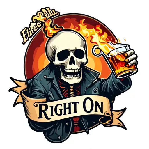 A Skeleton drinking fireball whiskey. banner below says "Right On". Make it look like a jacket patch.  tattoo design idea