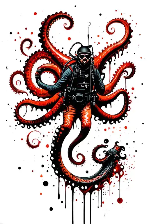 Scuba diver being pulled down by a kraken tattoo design idea