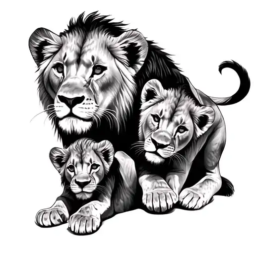 Lion Lioness 2 cubs playing tattoo design idea