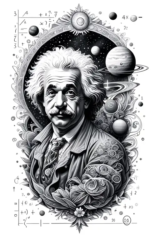 mostly astronomical mandala design encorperating small Einstein, planets and short mathematical equation  tattoo design idea