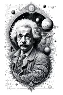 mostly astronomical mandala design encorperating small Einstein, planets and short mathematical equation  tattoo design idea