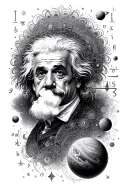 mostly astronomical mandala design encorperating small Einstein, planets and short mathematical equation  tattoo design idea