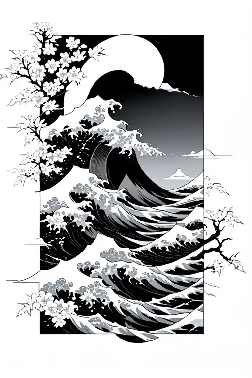 anime wave and mont fuji and branch of Sakura flower and anime cloud tattoo design idea