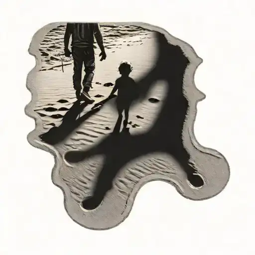 line in the sand with kid and father footprints leading tattoo design idea