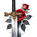 /imagine Watercolor tattoo design, no background, elegant silver sword with ornate gold hilt, wrapped in vivid red rose  tattoo design idea