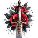 /imagine Watercolor tattoo design, no background, elegant silver sword with ornate gold hilt, wrapped in vivid red rose  tattoo design idea