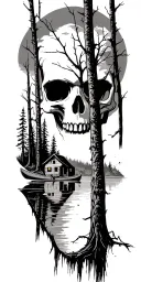 Forest scene where tree limbs create a skull. the let half of the forest shows a cabin on a lake with a canoe tattoo design idea