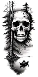 Forest scene where tree limbs create a skull. the let half of the forest shows a cabin on a lake with a canoe tattoo design idea