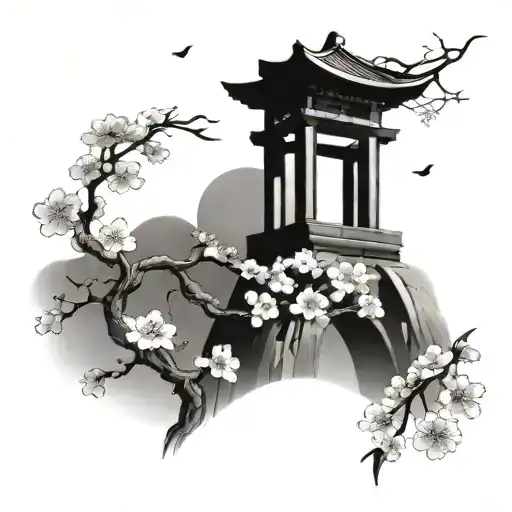the sakura tree next to the Japanese arch monument tattoo design idea