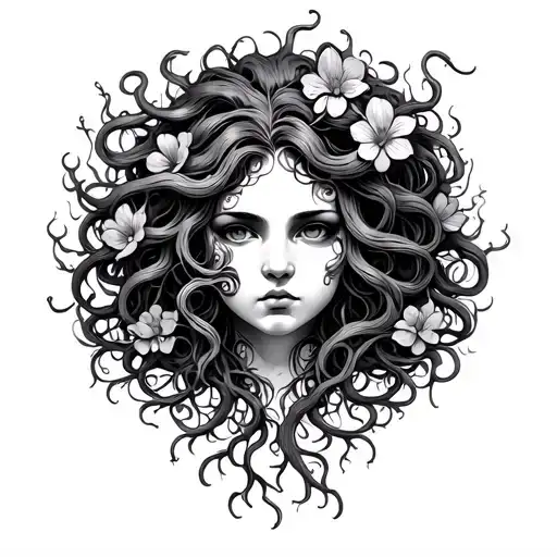 Medusa head roots and vines for hair with flowers tattoo design idea