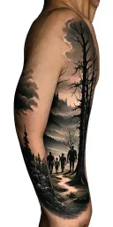 creepy forest scene with black sky with family walking and golf course and time tattoo design idea