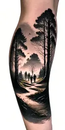 creepy forest scene with black sky with family walking and golf course and time tattoo design idea