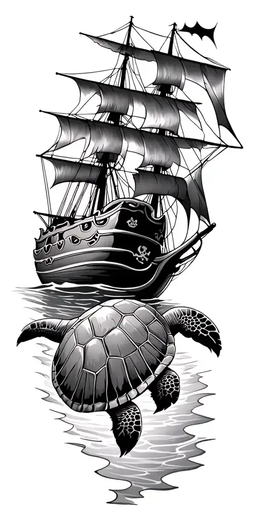 turtle swimming in stormy sea with pirate ship  tattoo design idea