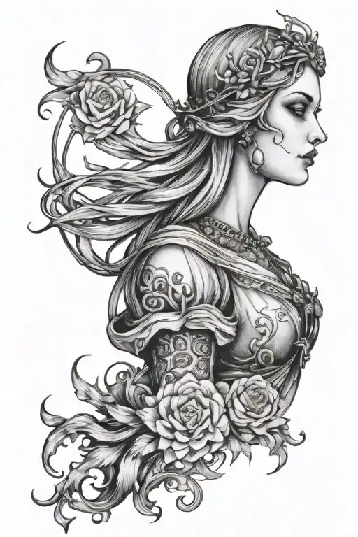 gothic virgo woman with celestial and dark details tattoo design idea