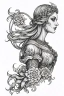 gothic virgo woman with celestial and dark details tattoo design idea
