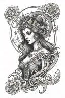 gothic virgo woman with celestial and dark details tattoo design idea