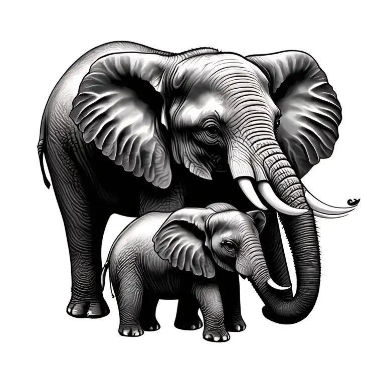 mom and baby elephant with trunks intertwined representing tattoo design idea