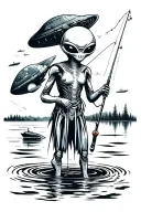 an alien holding a fishing pole with a lake and space ship in the background tattoo design idea
