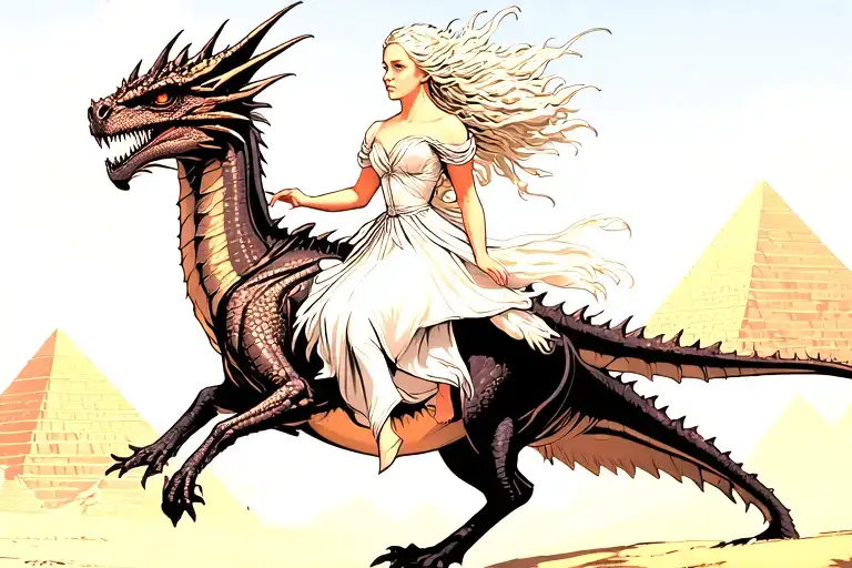 Daenerys Targaryen wearing a white dress, riding Drogon, flying to the left. Blue sky and pyramids in background. tattoo design idea