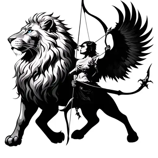 one tatto with a female lion, a phoenix rising, and a centaur archer.  make sure each item is clear tattoo design idea