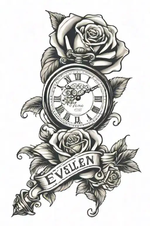 rose, pocket watch and name Evelyn in cursive letters tattoo design idea
