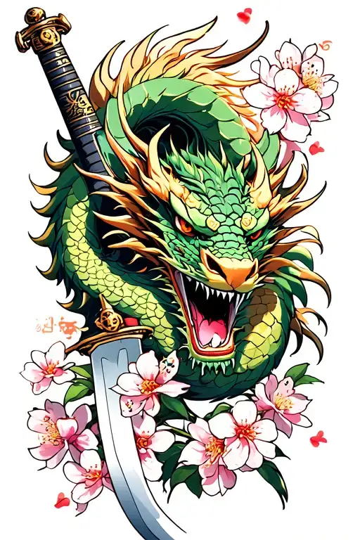 Cherry Blossom Japanese; anime, dragon, katana sword tattoo design idea