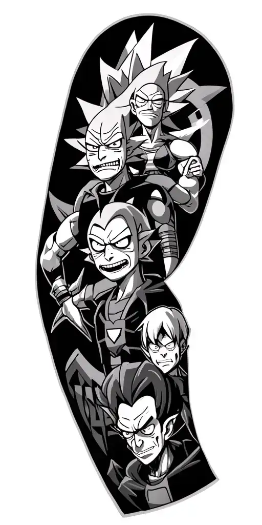 rick and morty, metallica, dragon ball z, each member of the avengers logo sleeve tattoo design idea