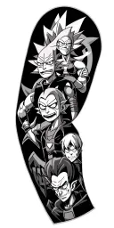 rick and morty, metallica, dragon ball z, each member of the avengers logo sleeve tattoo design idea