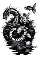 tree koi fish in the water, one tiger and one dragons with a ball in the paw tattoo design idea
