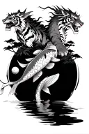 tree koi fish in the water, one tiger and one dragons with a ball in the paw tattoo design idea