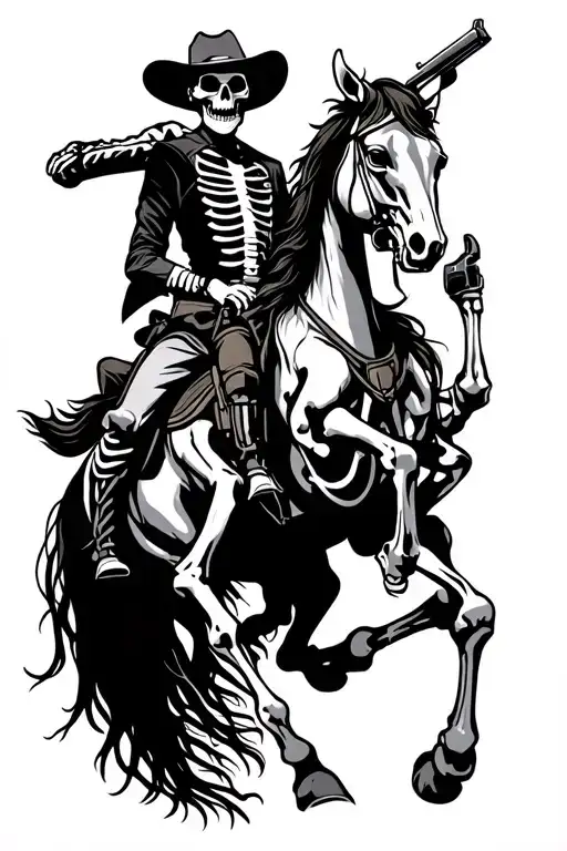 black line skeleton cowboy riding a skeleton horse rearing up with pistol tattoo design idea