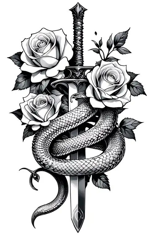 Snake wrapped tightly around whole dagger with roses intertwined and blooming tattoo design idea