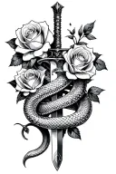 Snake wrapped tightly around whole dagger with roses intertwined and blooming tattoo design idea