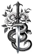 Snake wrapped tightly around whole dagger with roses intertwined and blooming tattoo design idea