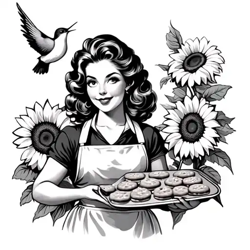 retro lady with an apron and holding a cookie sheet with a hummbird flying and sunflowers  tattoo design idea