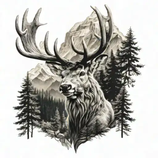 stag head with woodland and mountain background  tattoo design idea
