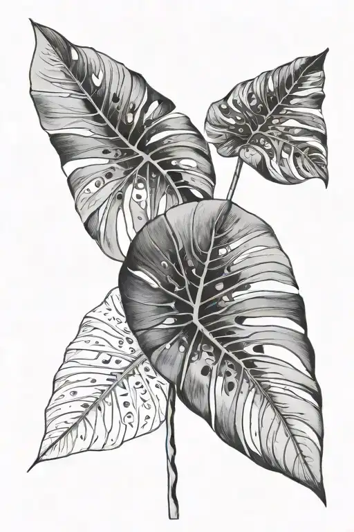 monstera leaf cut in half containing freehand inspired nature tattoo design idea