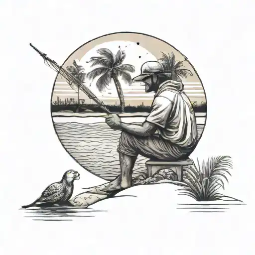 woman painting a fisherman on the beach with palm trees tattoo design idea
