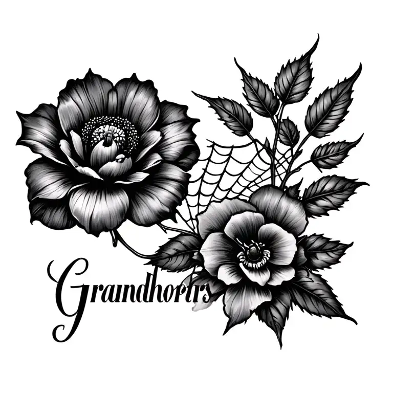 Grandmothers name and dark flower with spider and spiderwebs tattoo design idea