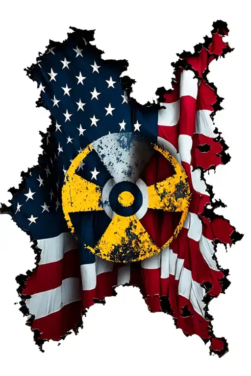 A tattered and torn American flag with a nuclear/radioactive symbol tattoo design idea