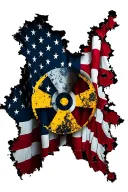 A tattered and torn American flag with a nuclear/radioactive symbol tattoo design idea