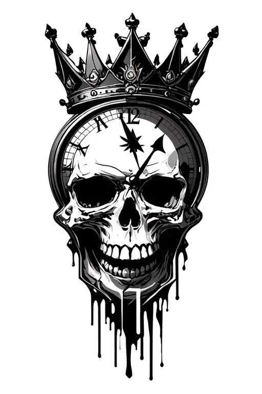 "VICTORY" skull wearing a crown surrounded by clock melting tattoo design idea