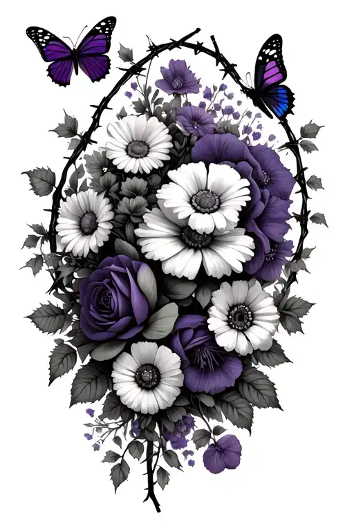 barbed wire with the flower violet, daisies,roses, poppies,morning glory flowers, and holly flowers, with 5 butterflies  tattoo design idea