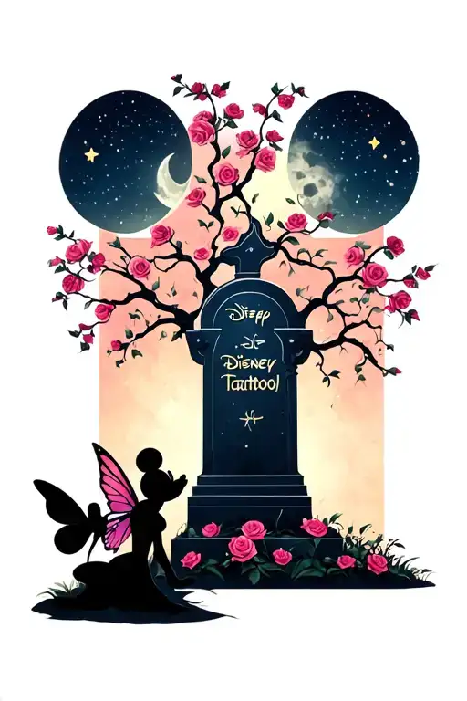 night sky with moon and stars rose tree with a fairy silhouette kneeling next to Mickey Mouse shaped grave tattoo design idea