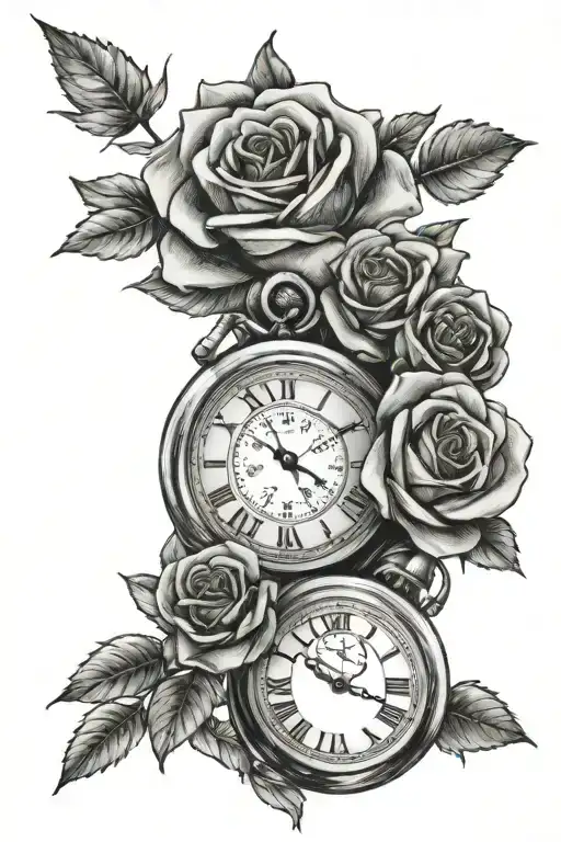 feminine stopwatch and roses tattoo design idea