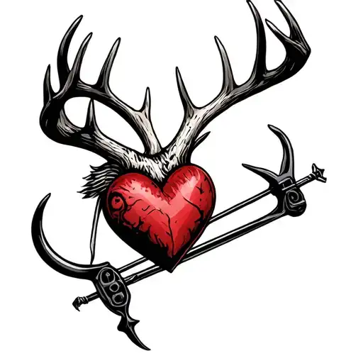 fish hook deer antler heart with crossbow bolt striking lines only tattoo design idea