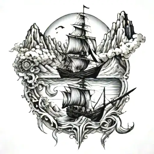 A gothic atmosphere, in a pirate universe with a boat, 3 mountains revealing a rising sun. tattoo design idea