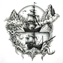 A gothic atmosphere, in a pirate universe with a boat, 3 mountains revealing a rising sun. tattoo design idea