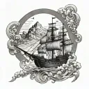 A gothic atmosphere, in a pirate universe with a boat, 3 mountains revealing a rising sun. tattoo design idea